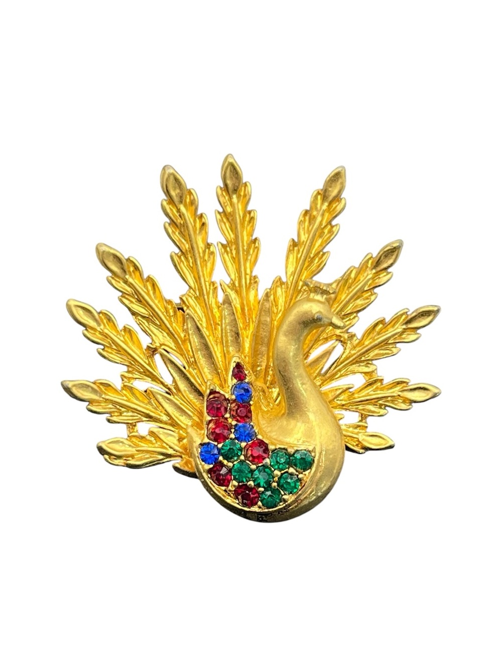 Peacock bird red green blue rhinestone gold tone brooch pin vintage